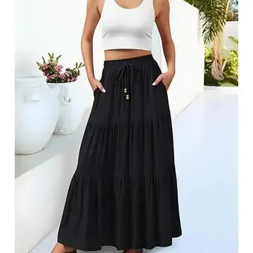 Boho Tiered Flowy Maxi Skirt with Pocket