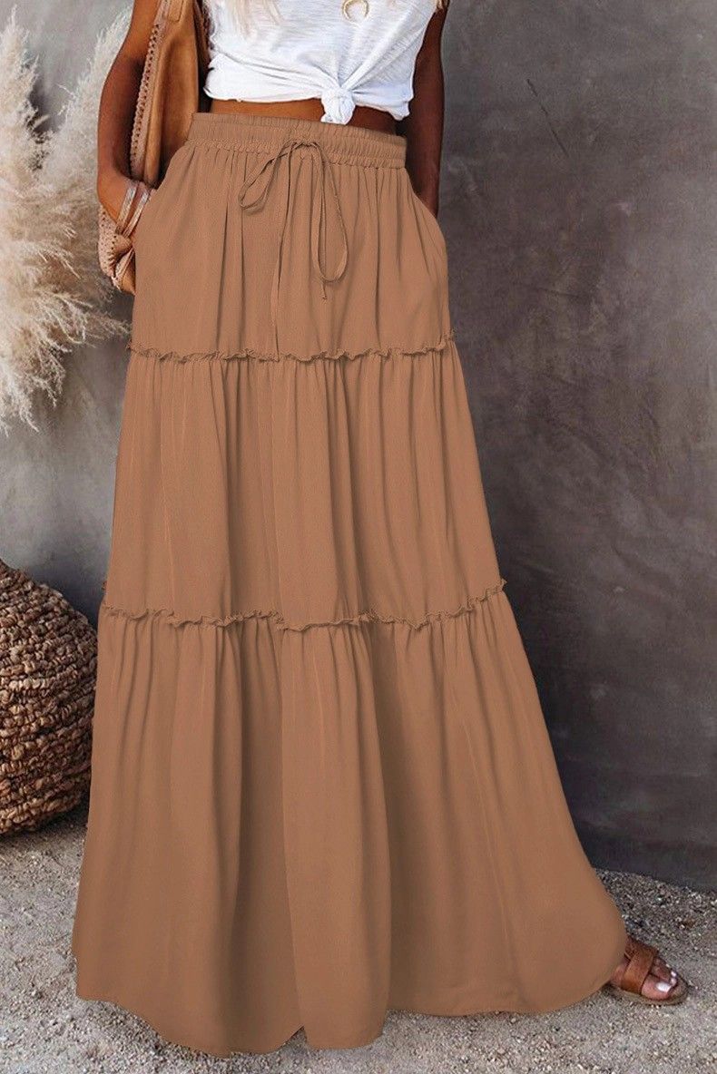 Boho Tiered Flowy Maxi Skirt with Pocket, Color: Brown, Size: Small