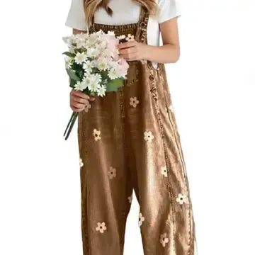 Chic Western Rustic Floral Print Wide Leg Denim Overalls, Size: Small