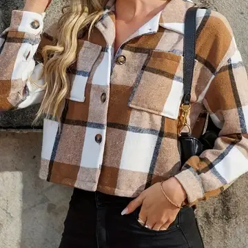 Classic Checkered Plaid Cropped Jacket, Size: Small