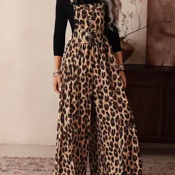 Retro Western Leopard Print Adjustable Strap Jumpsuit, Size: Small