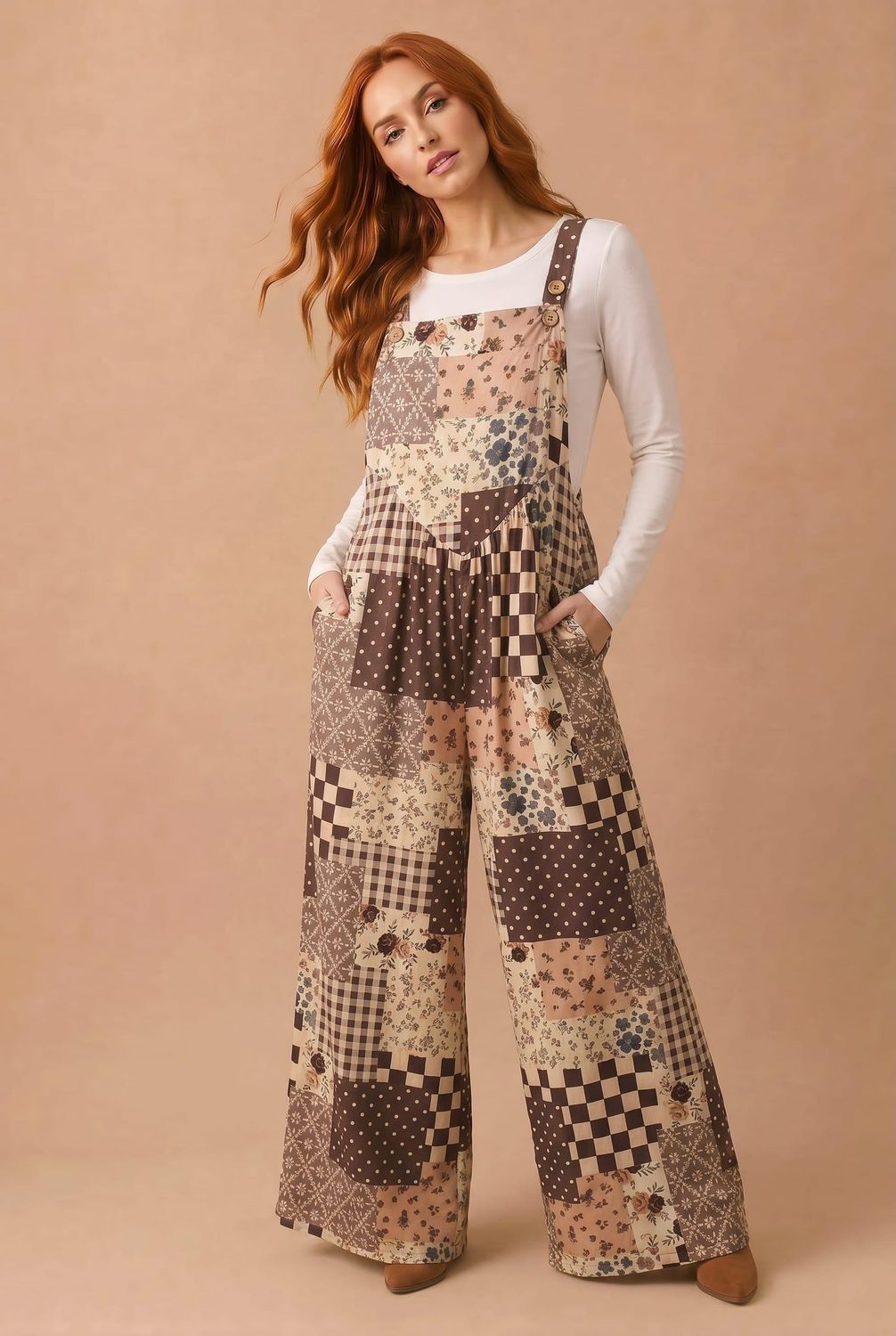 Floral Patchwork Wide Leg Overalls, Size: Small