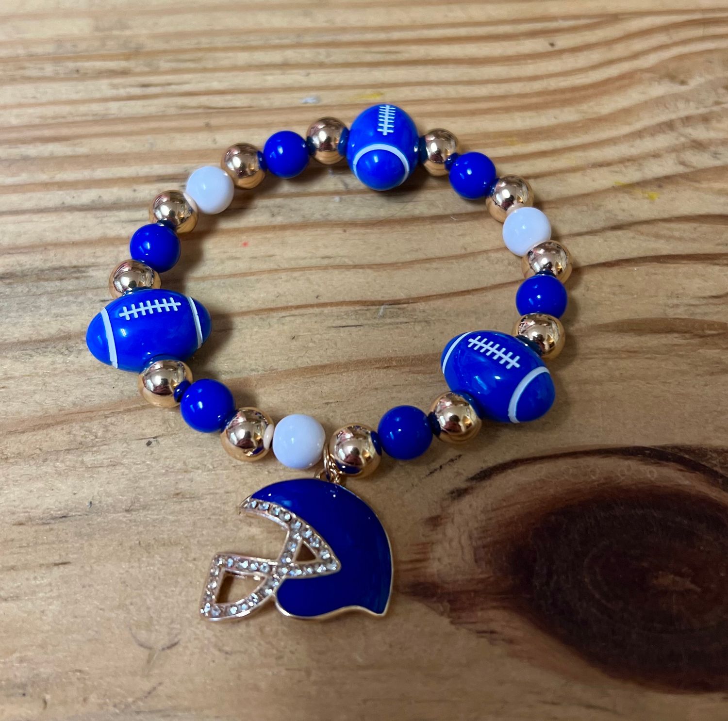 Game Day Football Helmet Charm Beaded Stretch Bracelets, Distinction: Blue and White Helmet