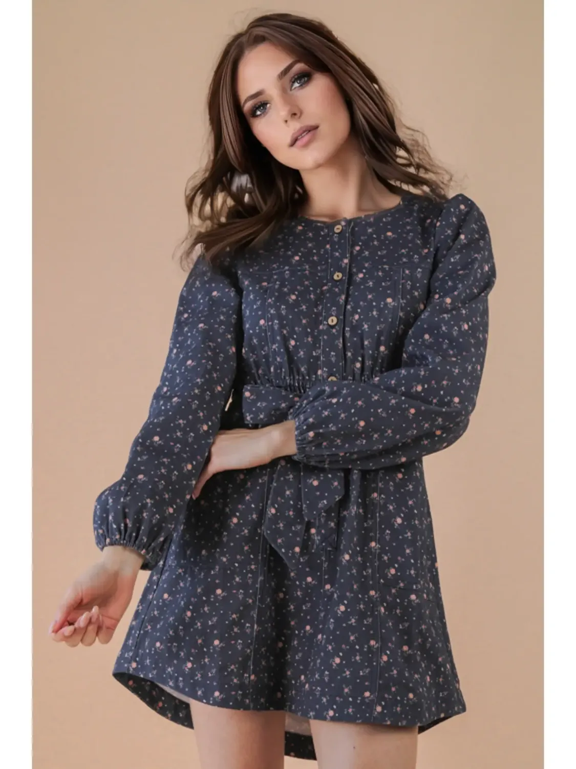 Floral Printed Button Down Mini Dress, Color: Midnight, Size: Small