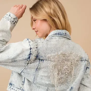 Acid Washed Shoulder Beading Denim Jacket, Size: Small