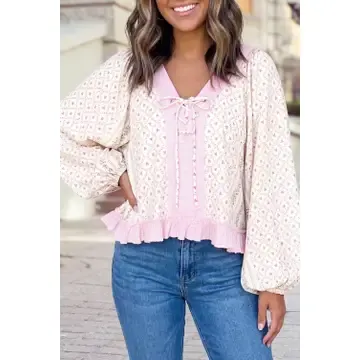 Floral Color Block Trim Lace-Up V Neck Long Sleeve Blouse, Size: Small