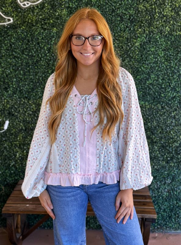 Floral Color Block Trim Lace-Up V Neck Long Sleeve Blouse