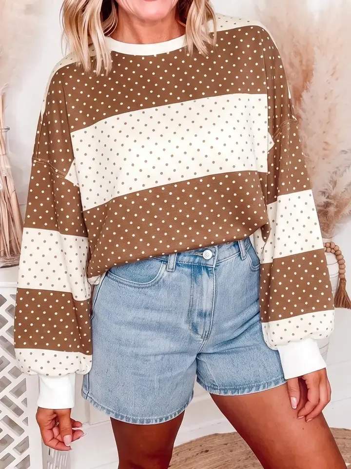 Polka Dot Patchwork Colorblock Long Sleeve Top, Size: Small