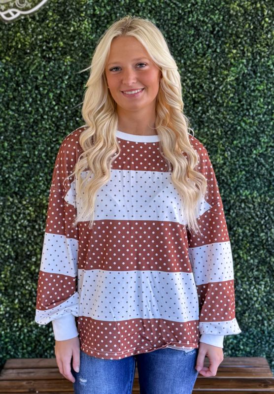 Polka Dot Patchwork Colorblock Long Sleeve Top