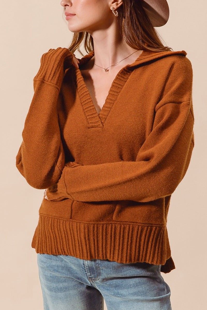 Flap Collar V Neck Sweater Pullover With Pocket, Size: Small