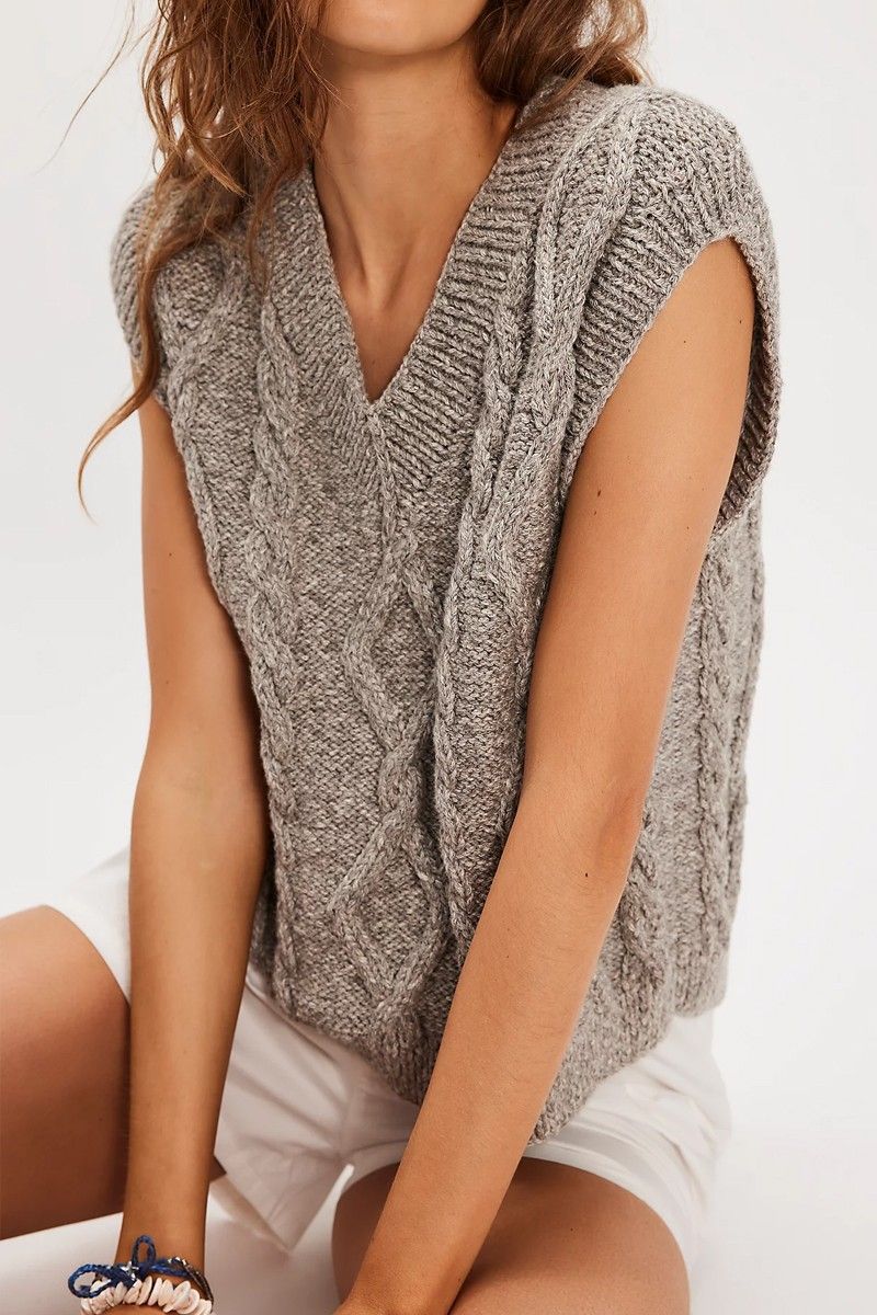 Gray Cable Knit V Neck Sweater Vest Sleeveless Pullover, Size: Small