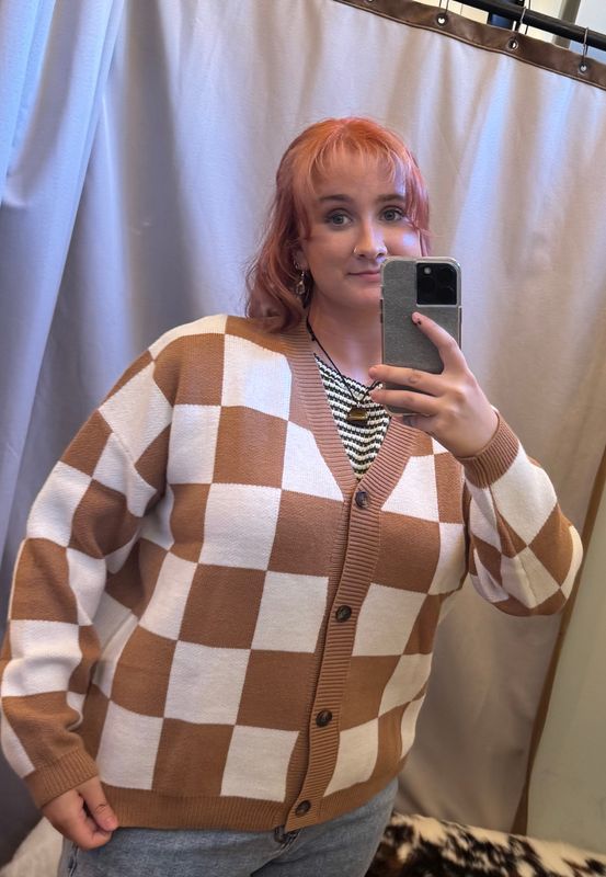 Tan and White Checker Print Cardigan