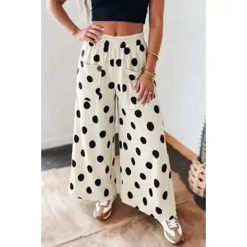 Polka Dot Wide Leg Elastic Waist Casual Pants