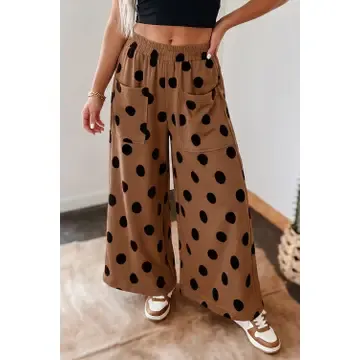 Polka Dot Wide Leg Elastic Waist Casual Pants, Color: Brown, Size: Small