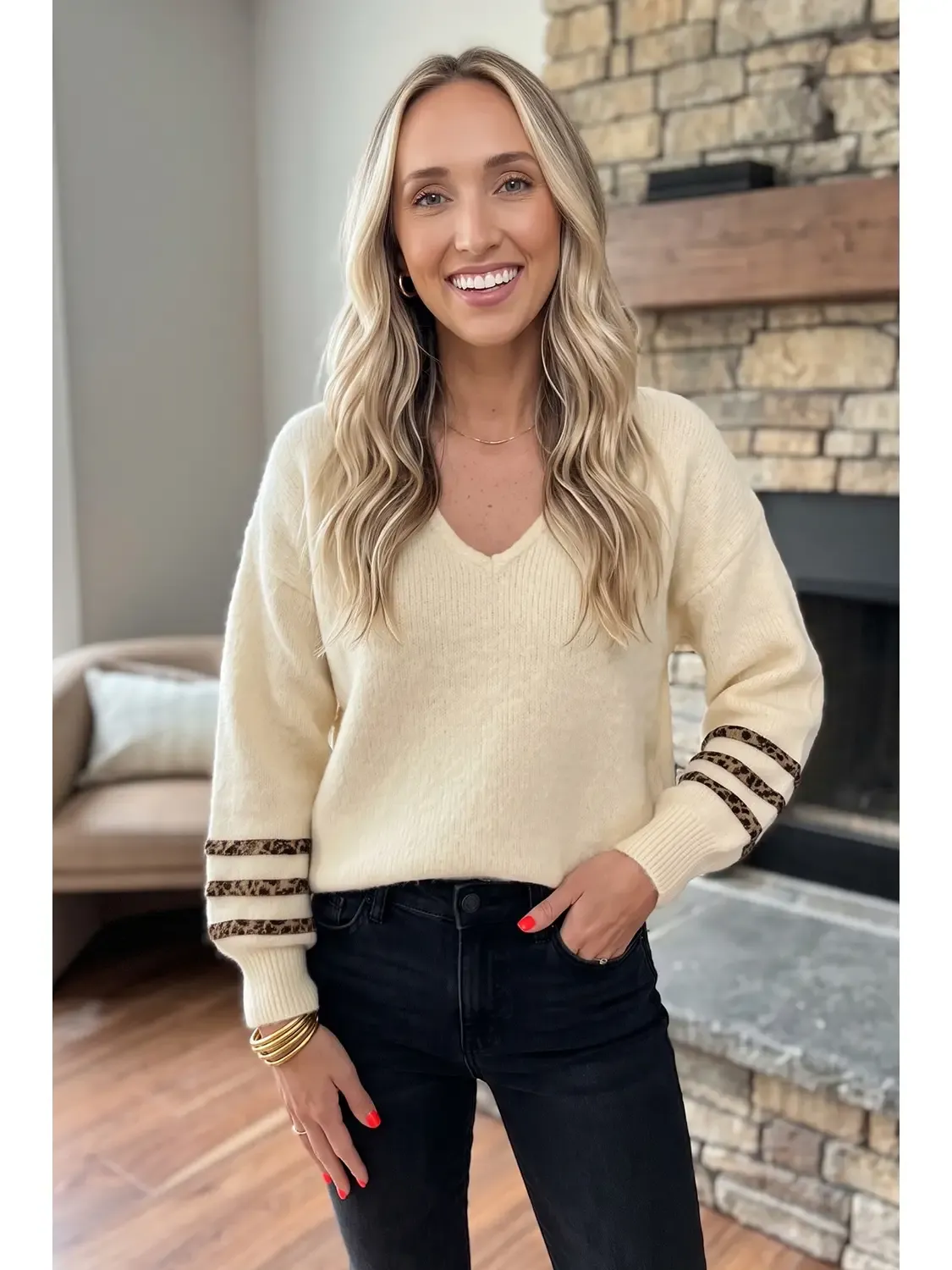 Western Leopard Striped Detail Long Sleeve Casual Sweater, Size: Small