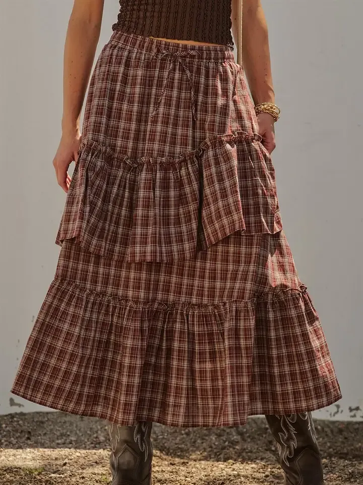 Plaid Tiered Ruffle Maxi Skirt Western Cowgirl Boho Long, Color: Brown, Size: Small