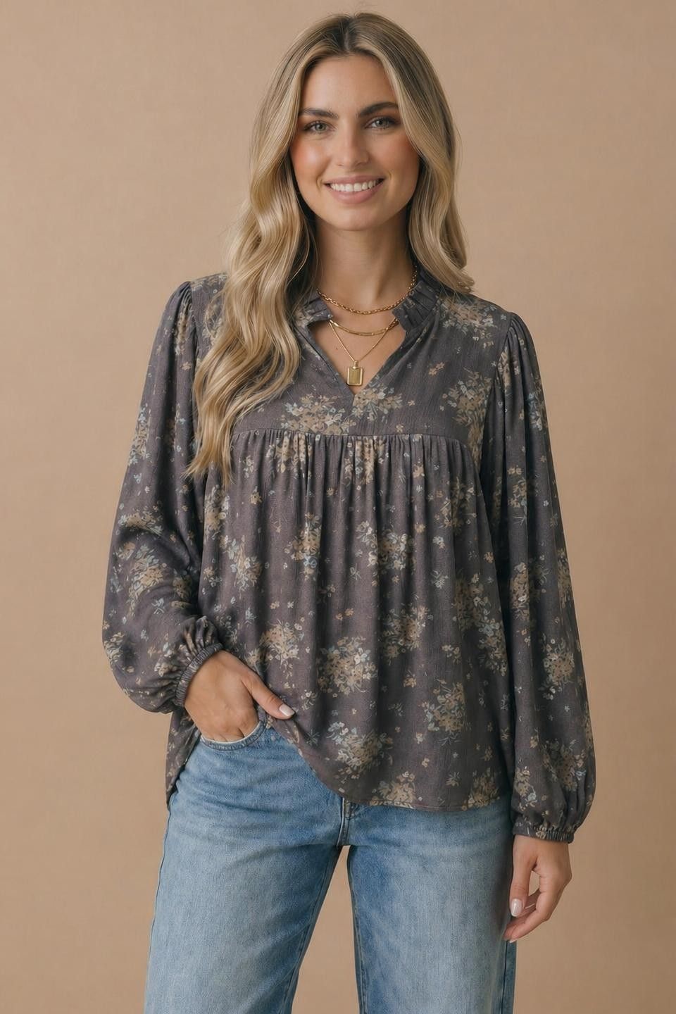 Floral Frilled Notch Neck Woven Blouse, Size: Small