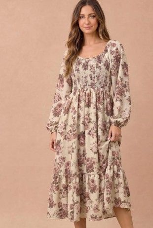 Floral Smocked Tiered Midi Dress, Size: Small
