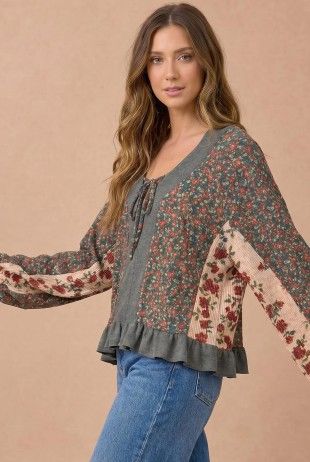 Floral Patchwork Tie Front Ruffle Hem Top, Size: Small