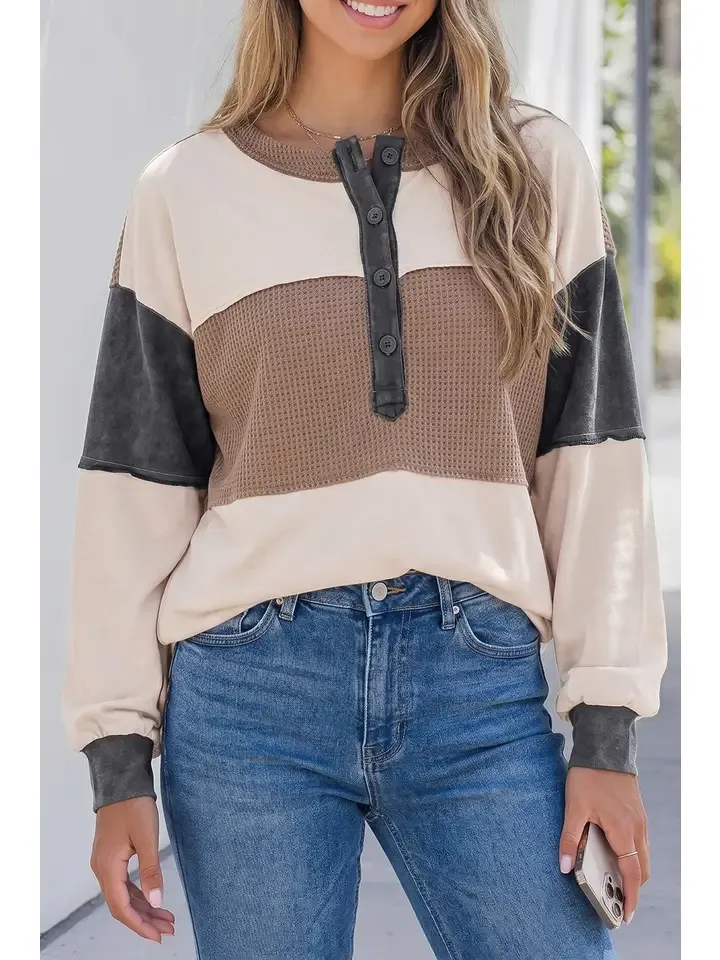 Color Block Waffled Patchwork Loose Henley Top, Size: Small