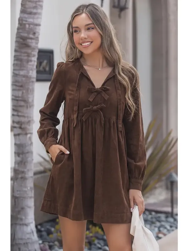Bow Knot Front Insert Pocket Long Sleeve Corduroy Mini Dress