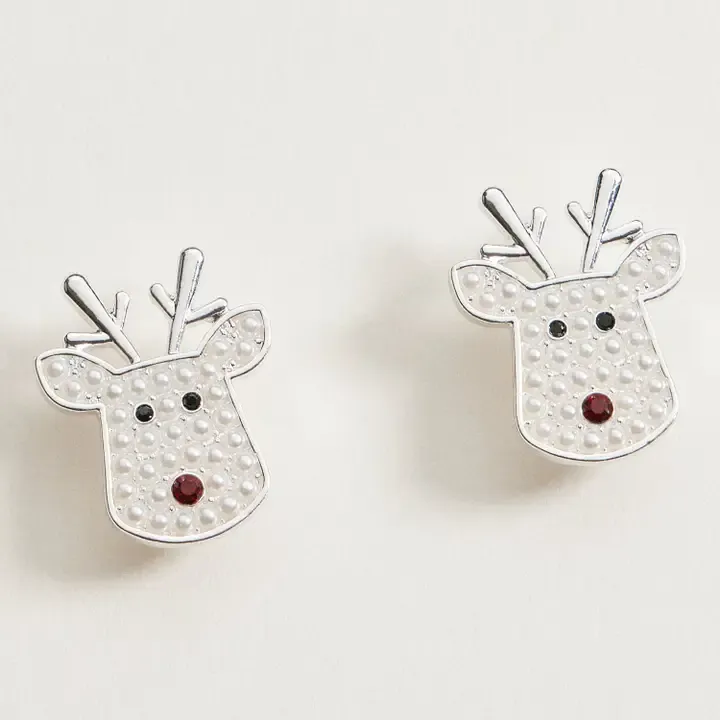 Pearl Reindeer Stud Earrings | Holiday Christmas Earrings, Color: Silver