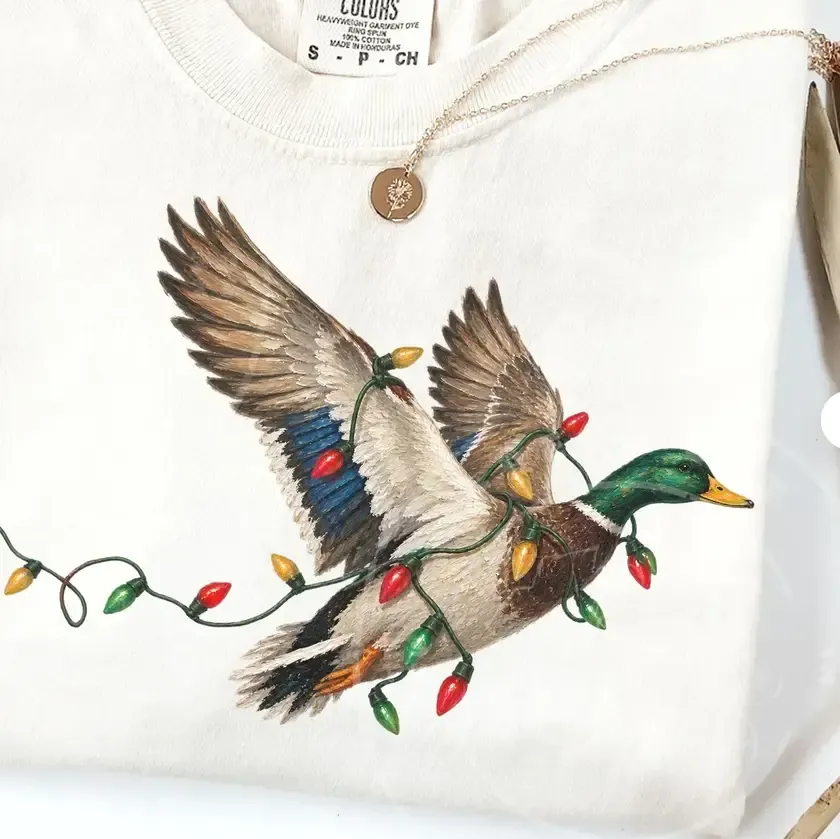 Christmas Flying Mallard Duck Lights Graphic Tee, Size: Small