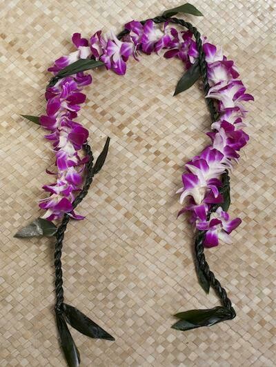 TI LEAF LEI WITH ORCHID WRAP WITH 3 COLOR OPTIONS - BULK 5 PACK WITH FREE SHIPPING, Choose Color: Purple