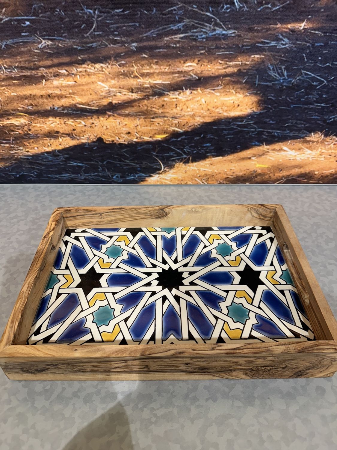 Olijfhouten dienblad met mozaïek blauw