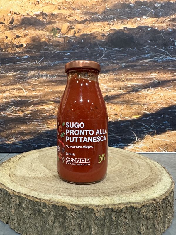 Sugo pronto di pomodoro ciliegino alla Puttanesca BIO 250g Sugo pronto di pomodoro ciliegino alla Puttanesca BIO 250g