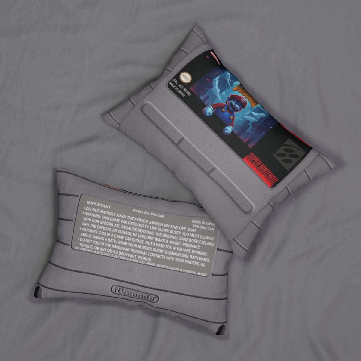 "DOOMed Mario" - SNES Cartridge Pillow - Retro Gaming Spoof Lumbar Pillow | Humorous Video Game Decor | Mario x Doom Crossover Art