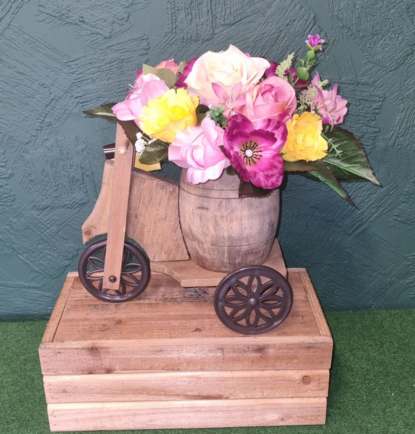 Wooden Barrel Trike with Artificial Flower Arrangement