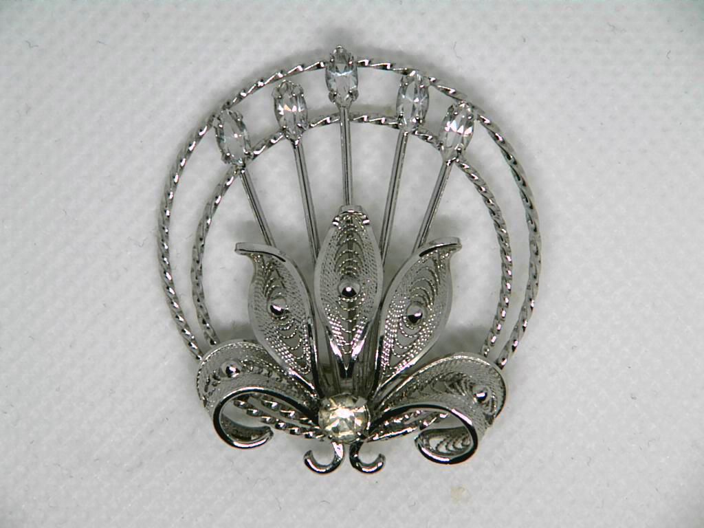 Sterling Flower Brooch W/Stones