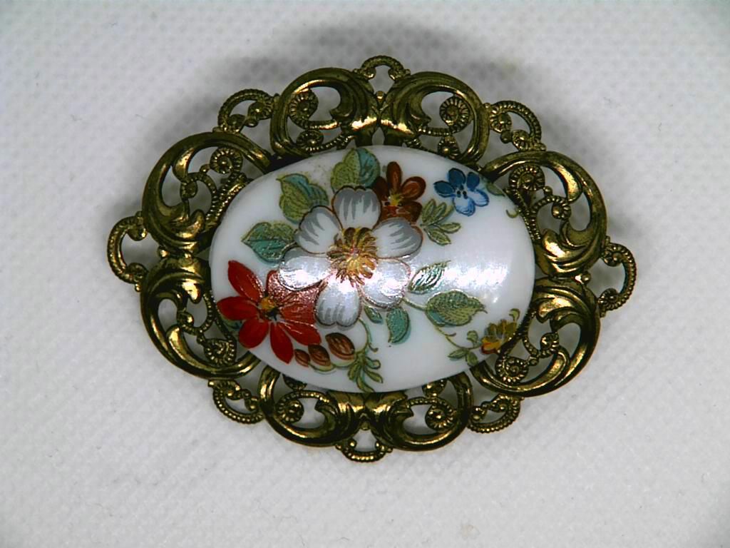 Enameled Painted Flower Brooch