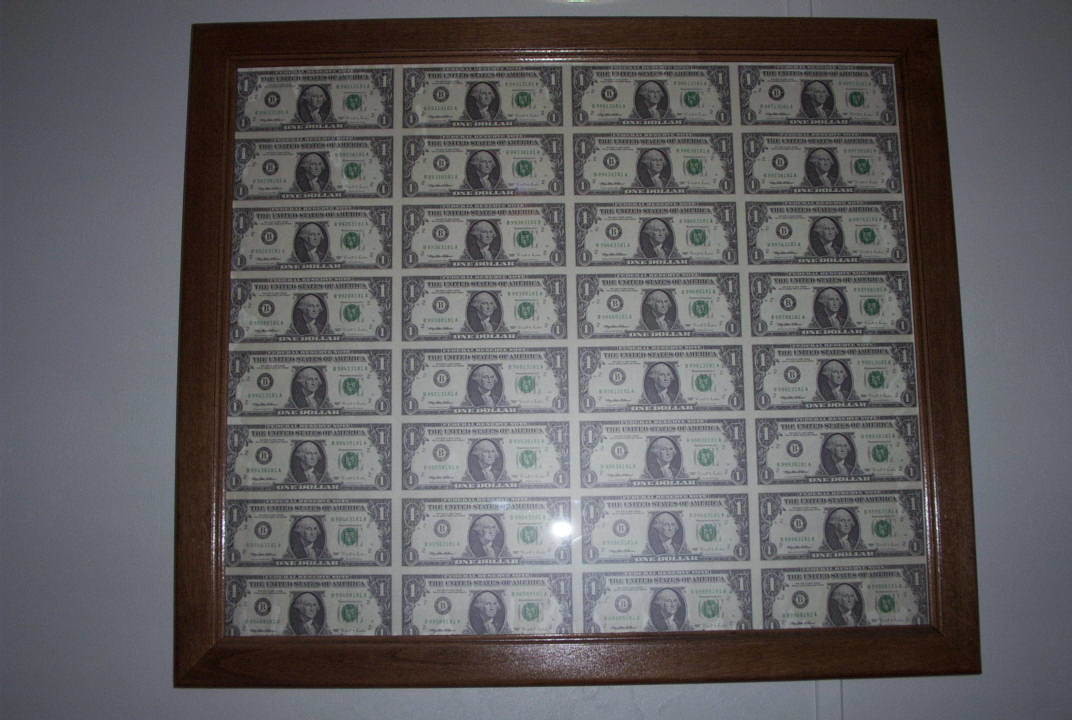 US Washington $1 Federal Reserve Note-Uncut Sheet of 32-Framed, 1995, PR