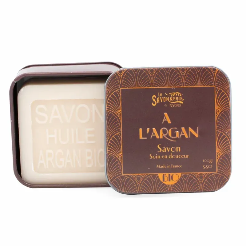savon à l'huile d'argan dans boîte métal