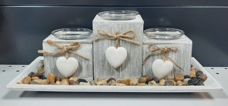 Plateau rectangulaire et 3 photophores avec pendentif cœur