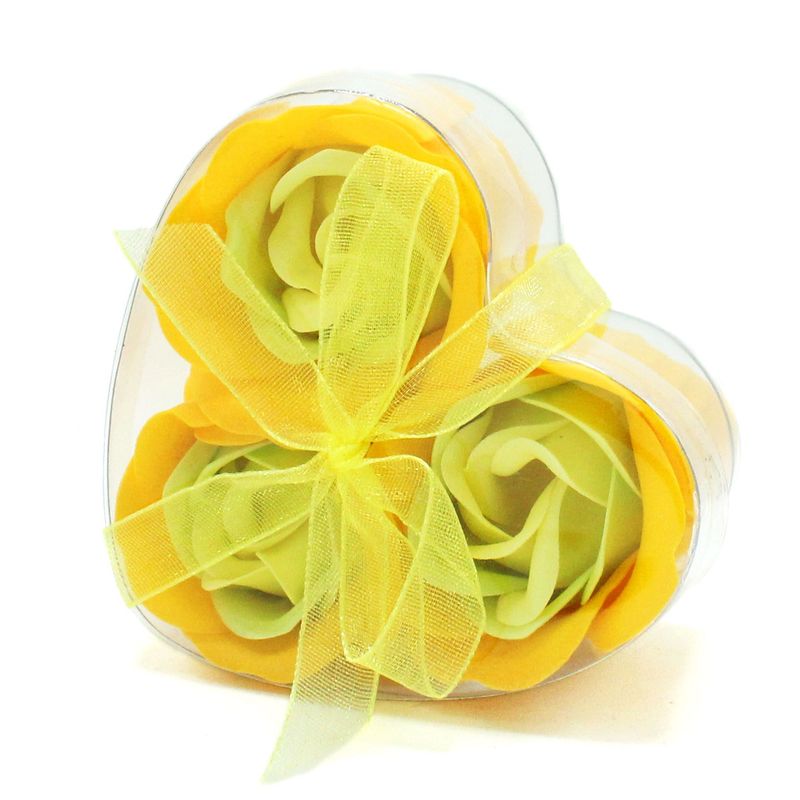 Lot de 3 roses de savon dans boîte en forme de cœur - JAUNE