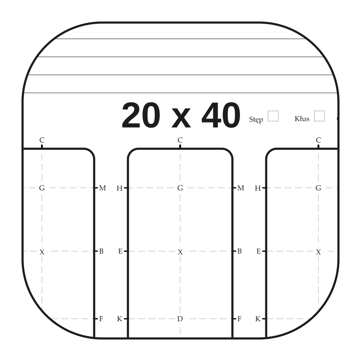 Diagram czworoboku 20x40m | oznaczenia literowe | Plik cyfrowy A4