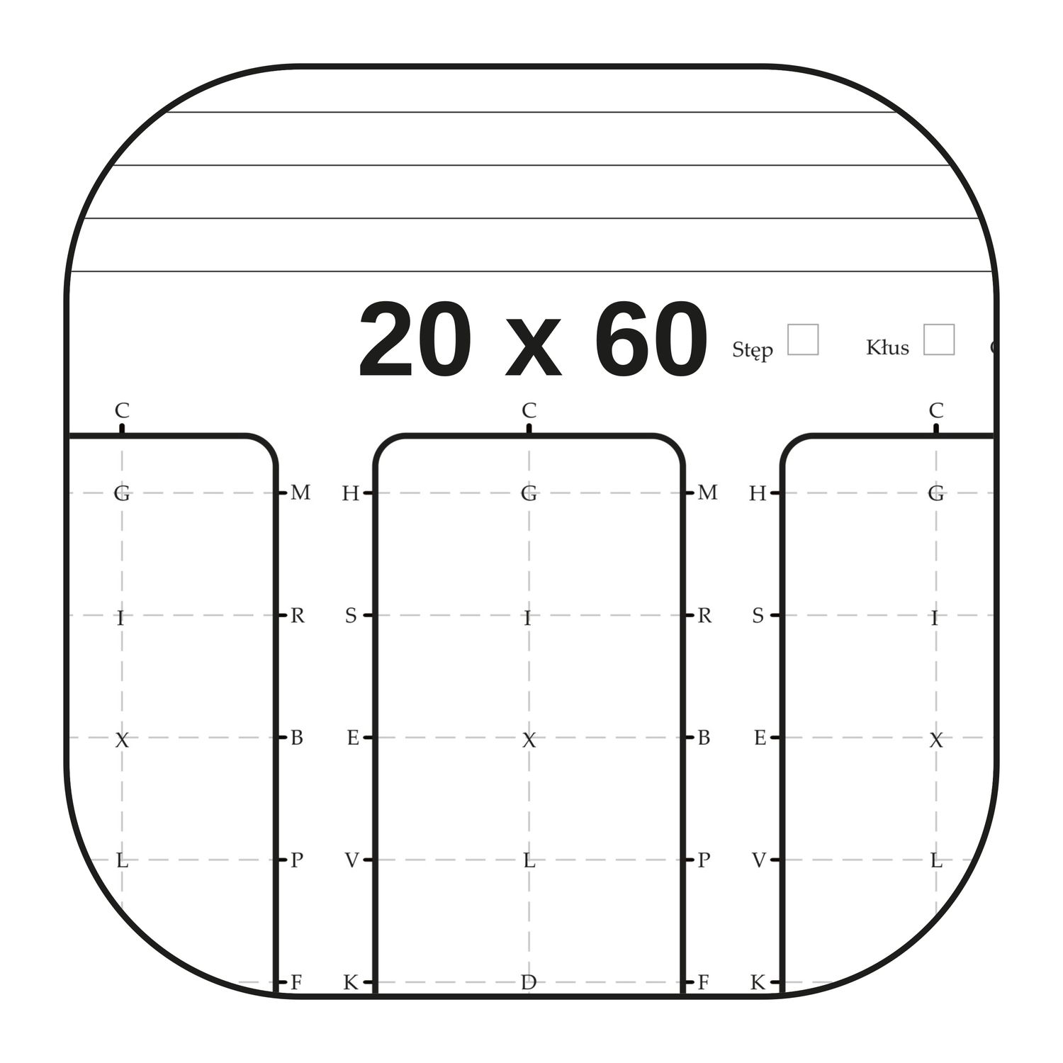 Diagram czworoboku 20x60m | oznaczenia literowe | Plik cyfrowy A4