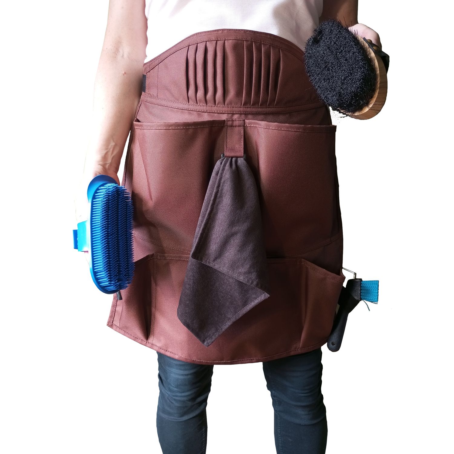 model YMP. Fartuch stajenny, 6 kieszeni, rękawica, ręcznik, kolor brązowy jasny, szlufki na kopystkę, rozmiar L/XL