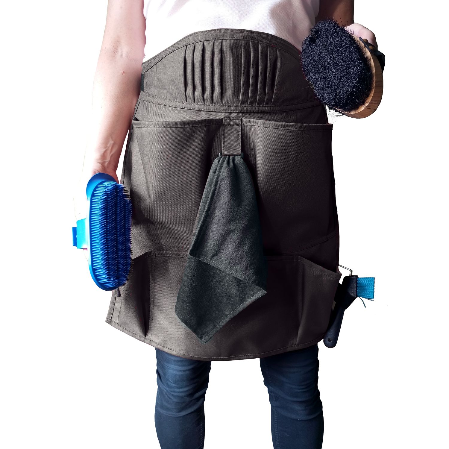 model YMP. Fartuch stajenny, 6 kieszeni, rękawica, ręcznik, kolor brązowy jasny, szlufki na kopystkę, rozmiar SM