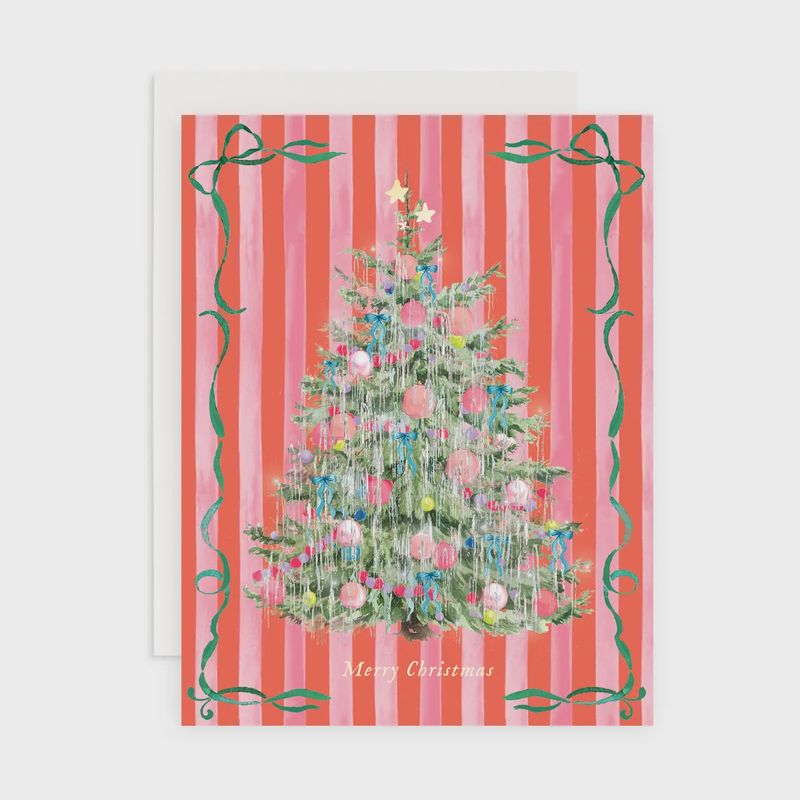 Merry Christmas Vintage Tinsel Tree Holiday Greeting Card