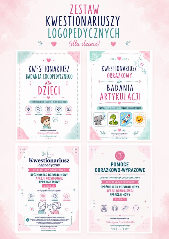 Zestaw kwestionariuszy do diagnozy logopedycznej dzieci i diagnozy różnicowej ORM, afazji rozwojowej oraz apraksji mowy wraz z pomocami obrazkowo-wyrazowymi (PDF)