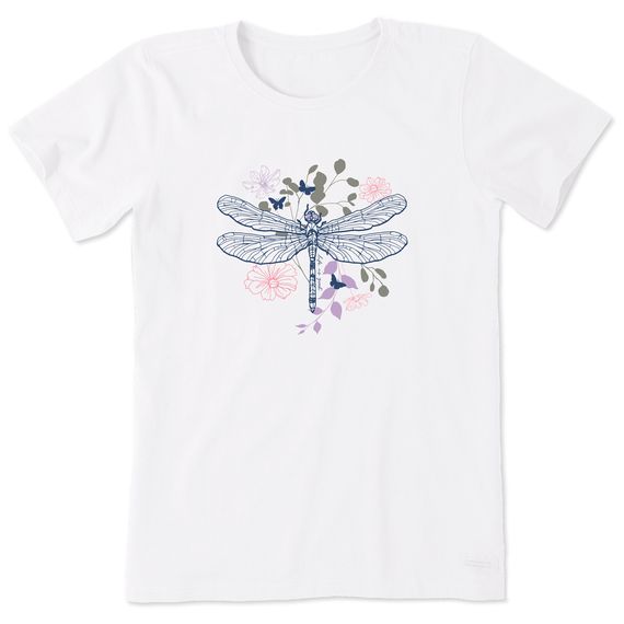 Women's Floral Backdrop Dragonfly SS Tee, Color: Cloud White, Size: Large