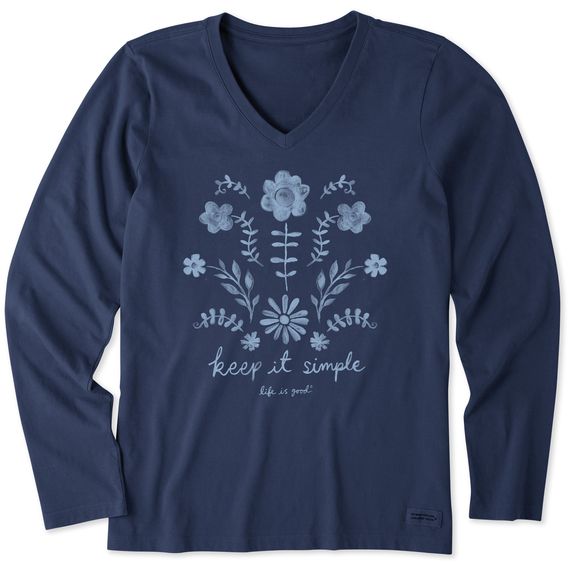 Women&#39;s Watercolor Keep It Simple Wildflower L/S Tee Shirt, Color: Darkest Blue, Size: L