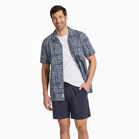 Men&#39;s Beach Woodblock Pattern Camp Shirt, Color: Stone Blue, Size: L