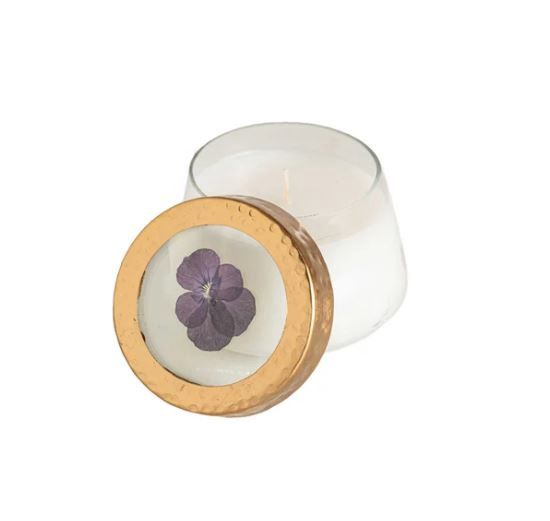 Small Pressed Floral Candle, Rosy Rings Fragrance: Black Currant &amp; Bay