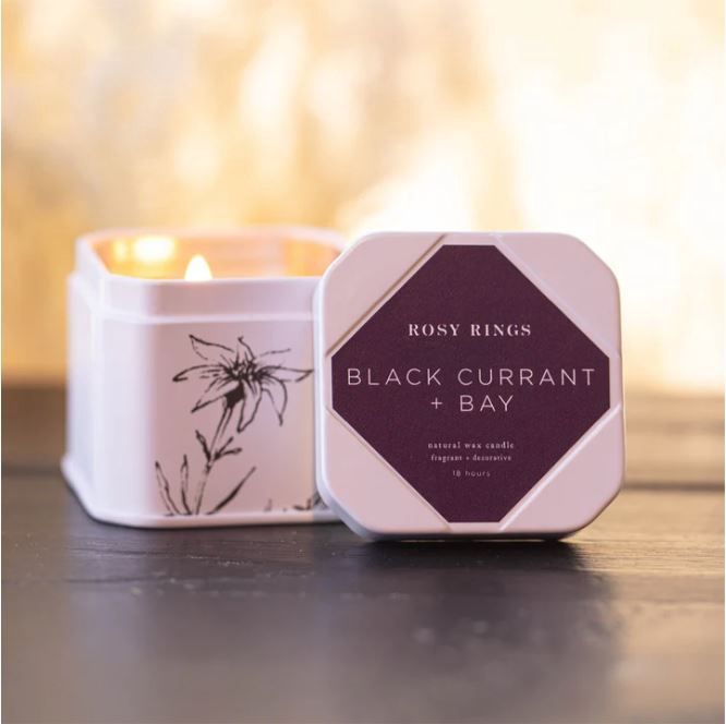Travel Tin Candle &amp; Match Box, Rosy Rings Fragrance: Black Currant &amp; Bay