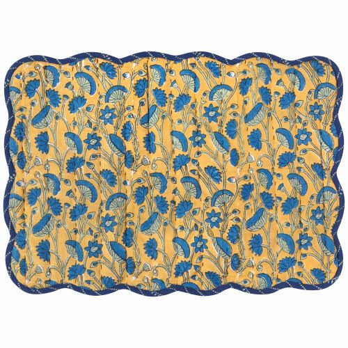Fan Flower Block Print Placemat, Reversible, Now Designs Color: Ochre/Blue